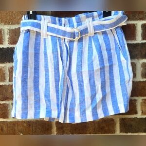 Vertical Stripped Blue And White Linen Shorts